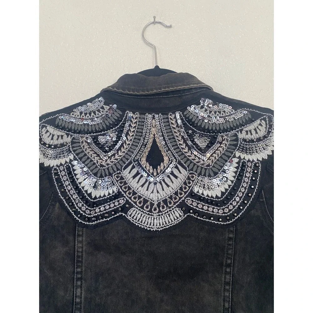 Karl Lagerfeld for Falabella Black Acid‎ Wash Embellished Denim Jacket Sequin
